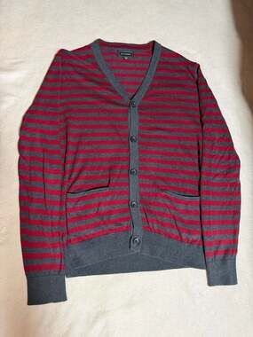 Express Cardigan Sweater Size M Red Gray Striped V-Neck Pockets